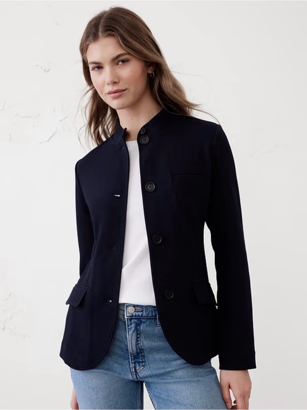 Banana Republic Factory Navy Textured Collarless Blazer